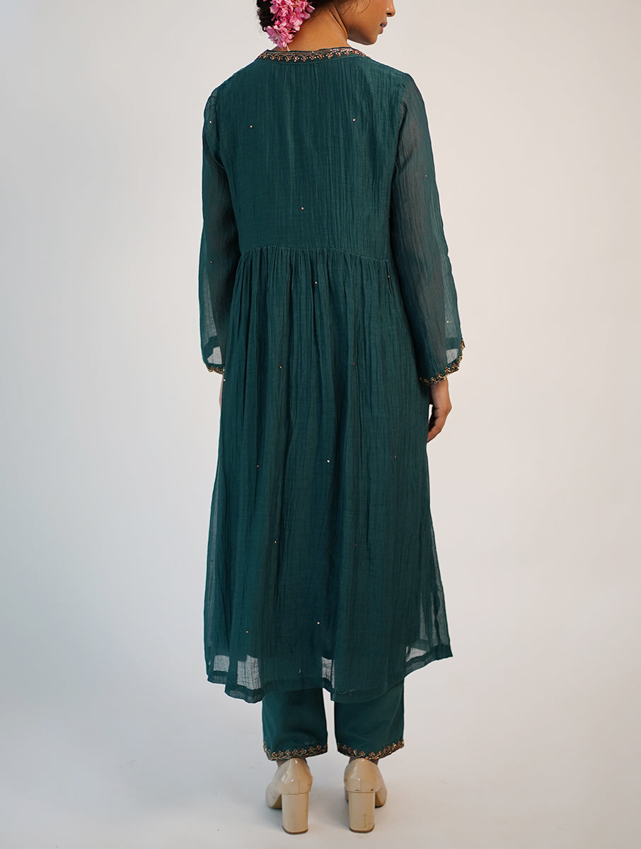 Chanderi cotton silk green color hand embroidered zardozi kurta pajama and dupatta set