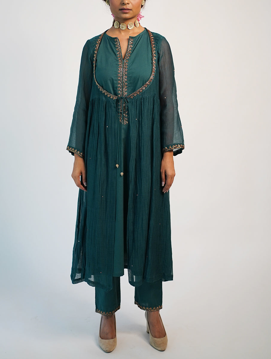 Chanderi cotton silk green color hand embroidered zardozi kurta pajama and dupatta set