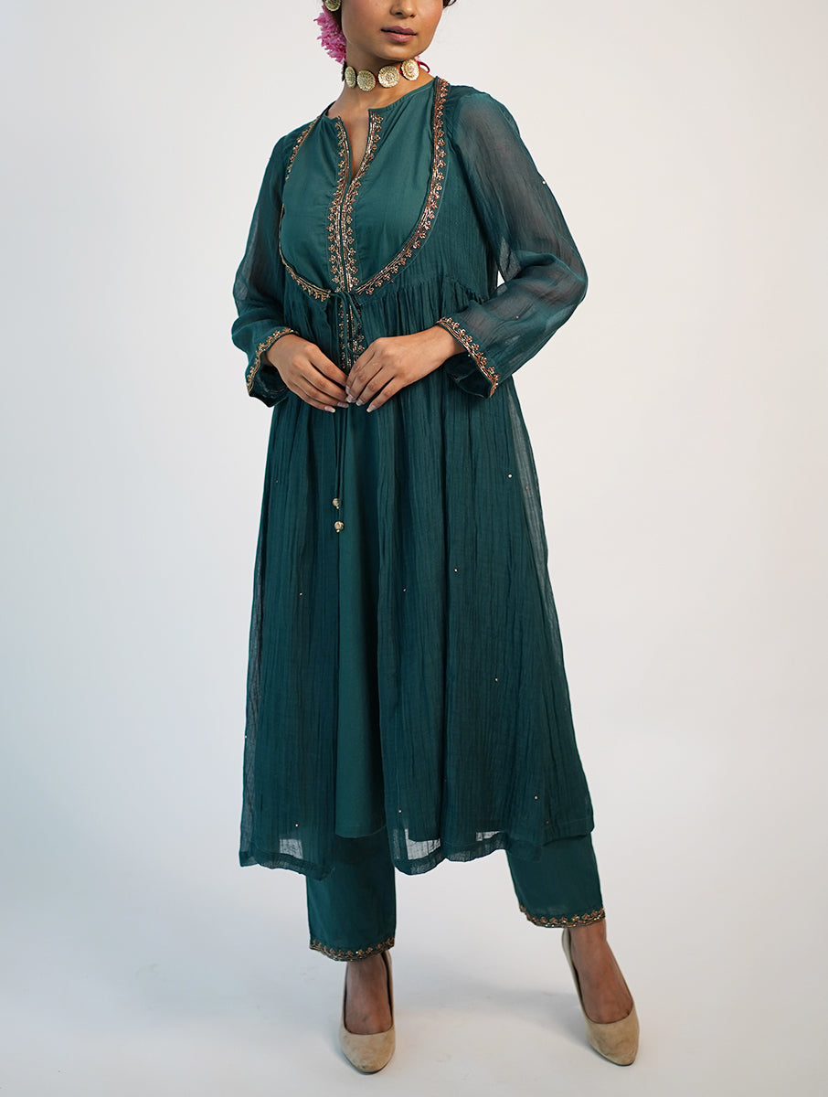 Chanderi cotton silk green color hand embroidered zardozi kurta pajama and dupatta set