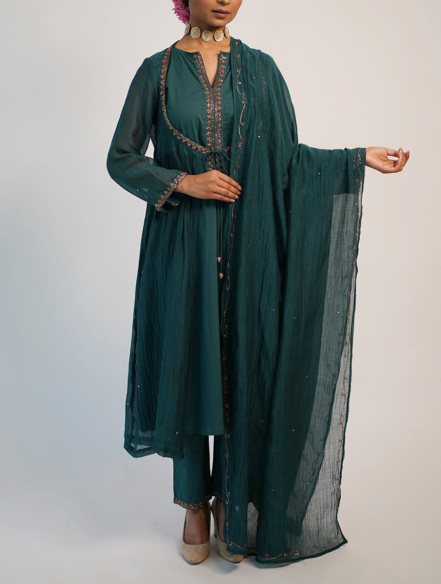 Chanderi cotton silk green color hand embroidered zardozi kurta pajama and dupatta set