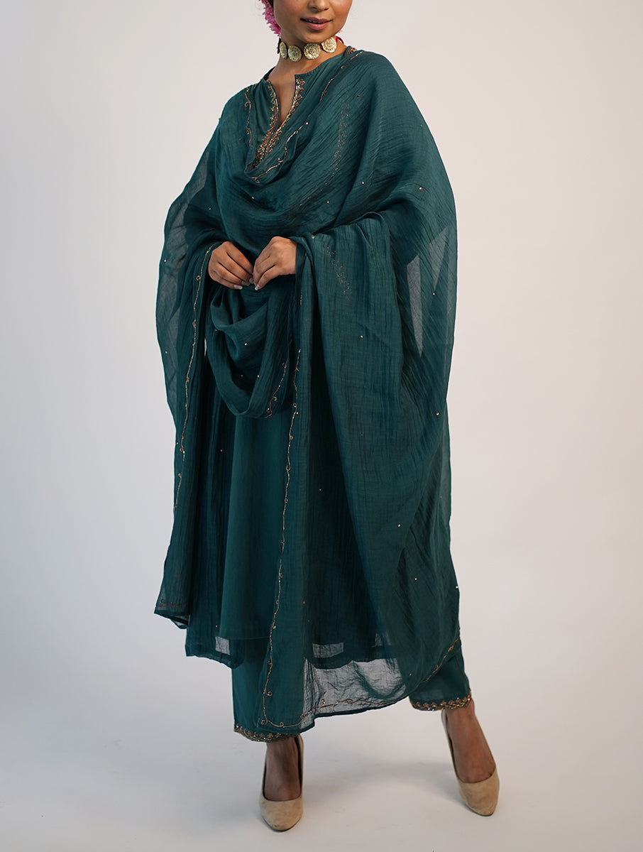 Chanderi cotton silk green color hand embroidered zardozi kurta pajama and dupatta set