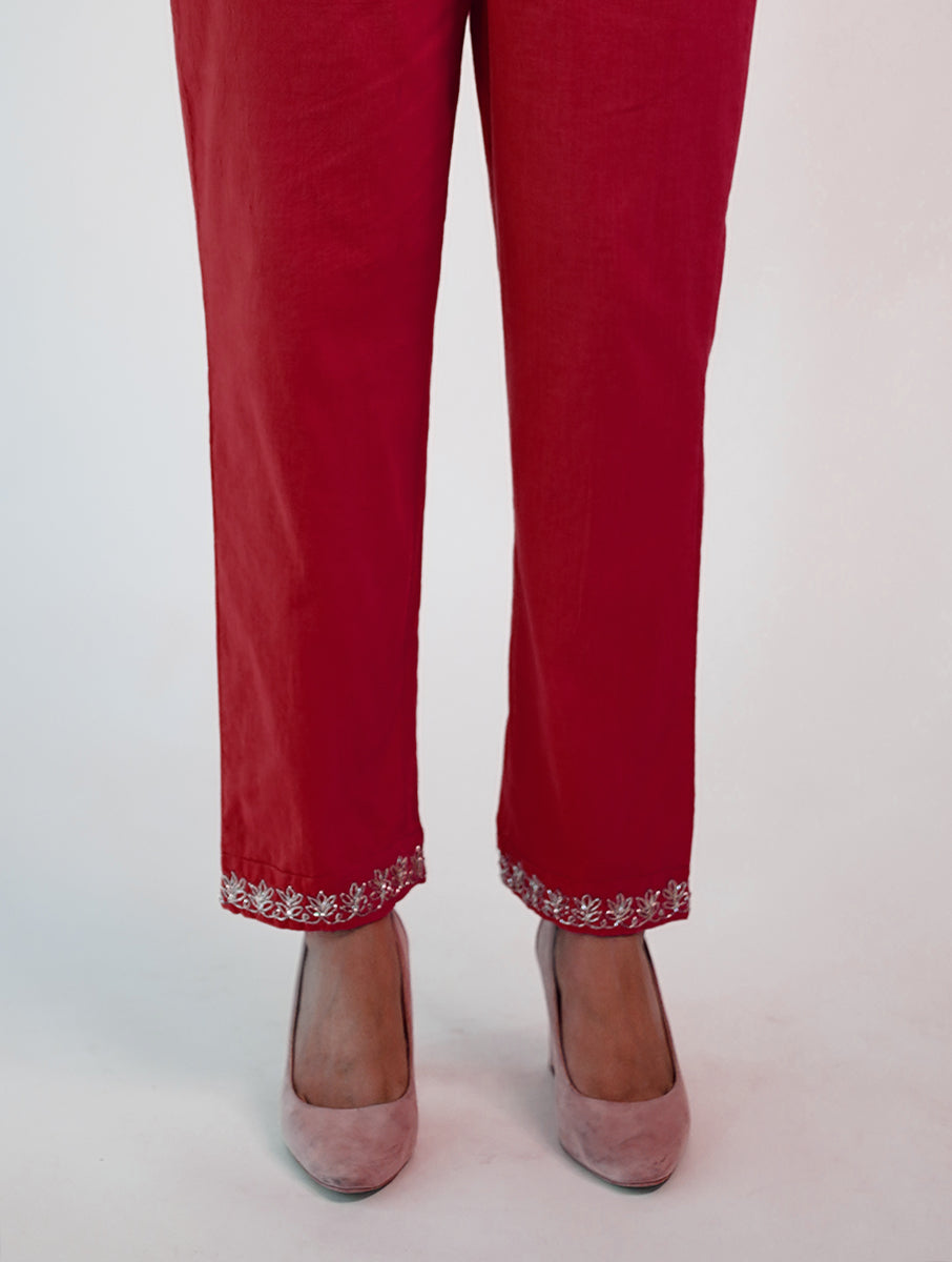 Women Pink Silk Hand Embroidery  Straight  pant/pajama 