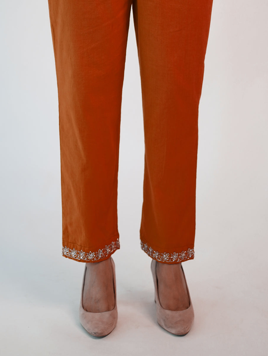 cotton Rust Orange color hand embroidered zardozi pant/pajama 