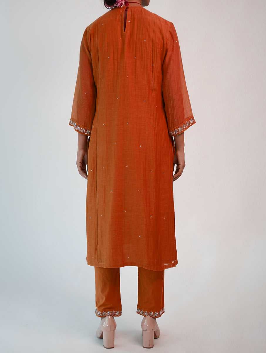 Chanderi cotton silk rust Orange color Zero Neck  hand embroidered zardozi  kurta pajama & dupatta set