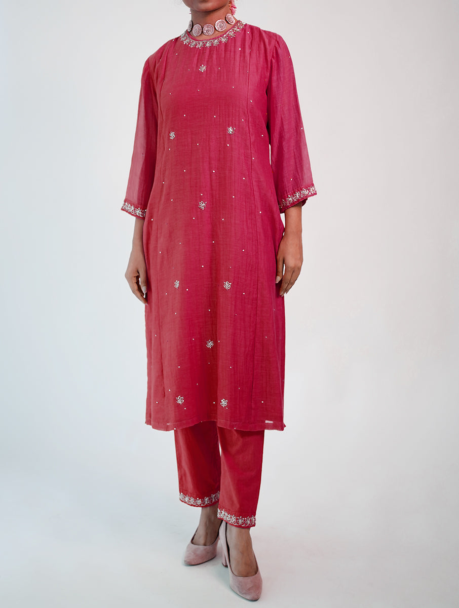 Women Pink Silk Hand Embroidery Round Neck Straight Kurta