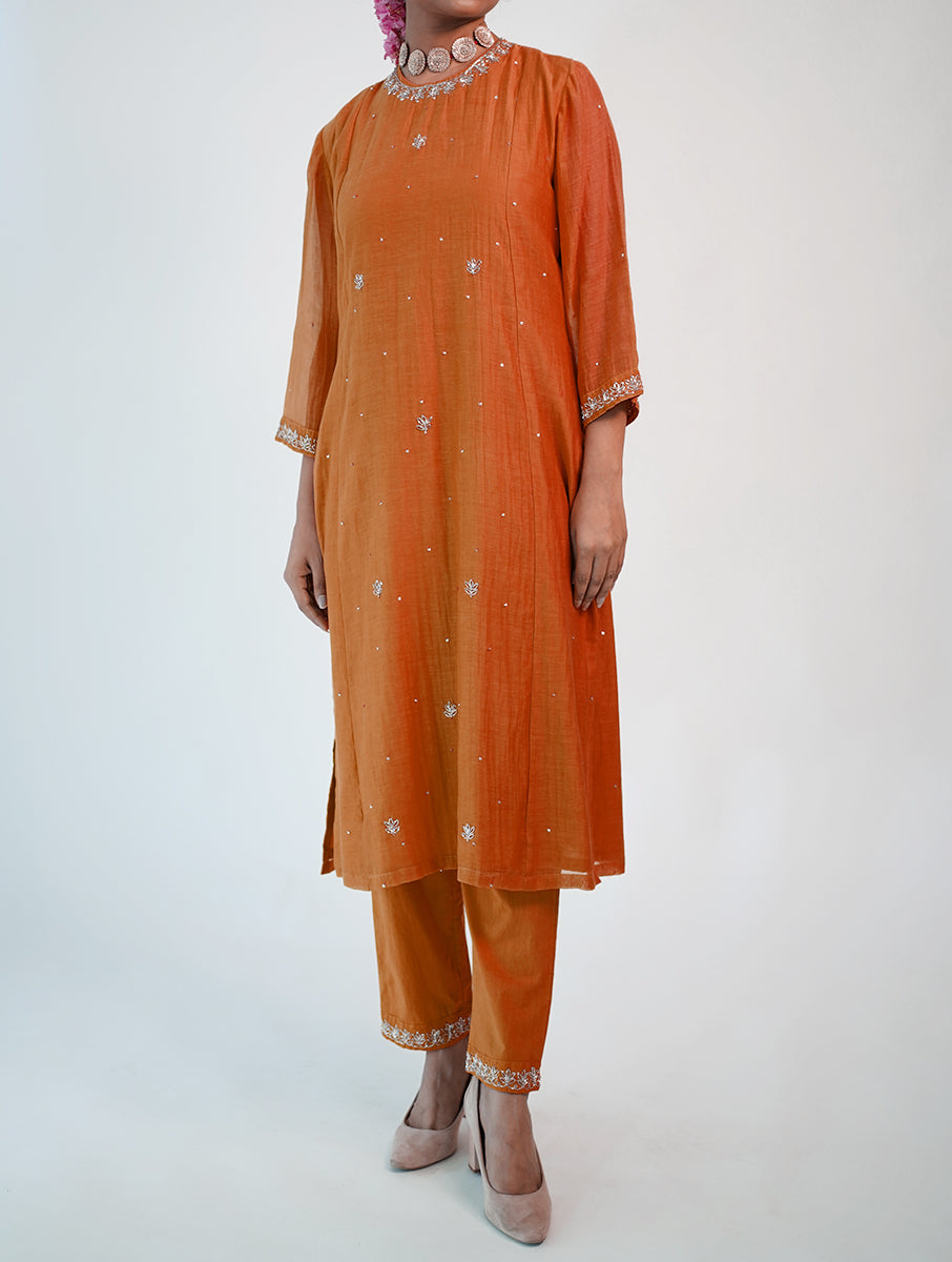 Chanderi cotton silk rust Orange color Zero Neck  hand embroidered zardozi  kurta pajama & dupatta set