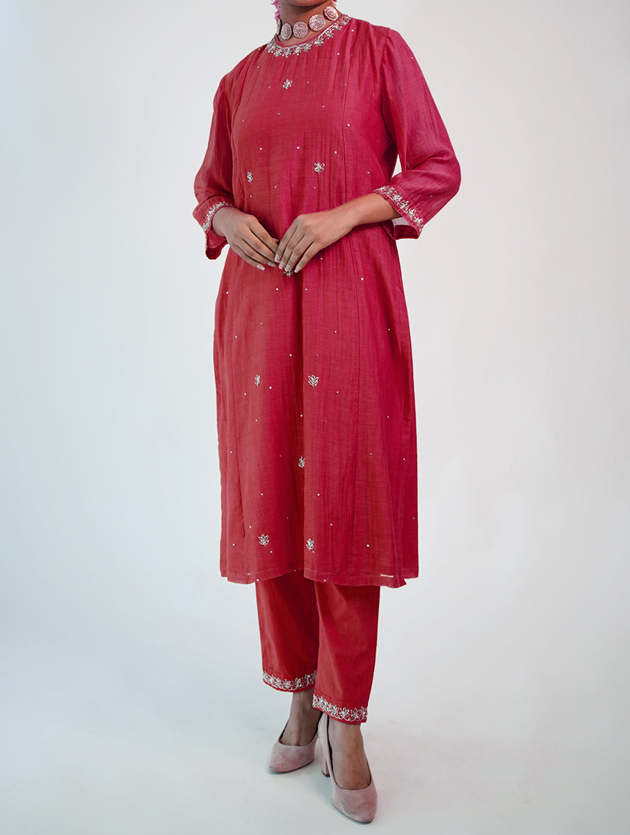 Women Pink Silk Hand Embroidery Round Neck Straight Kurta