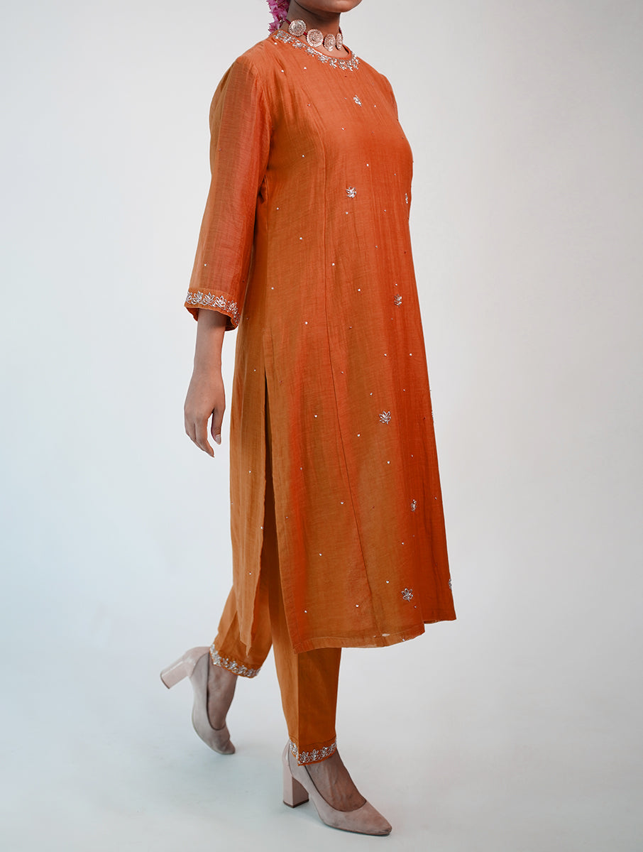 Chanderi cotton silk rust Orange color Zero Neck  hand embroidered zardozi  kurta pajama & dupatta set