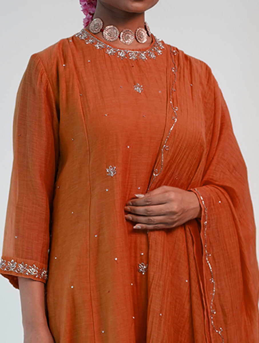 Chanderi cotton silk rust Orange color Zero Neck  hand embroidered zardozi  kurta pajama & dupatta set