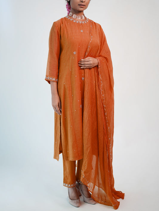 Chanderi cotton silk rust Orange color Zero Neck  hand embroidered zardozi  kurta pajama & dupatta set