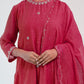 Women Pink Silk Hand Embroidery Round Neck Straight Kurta