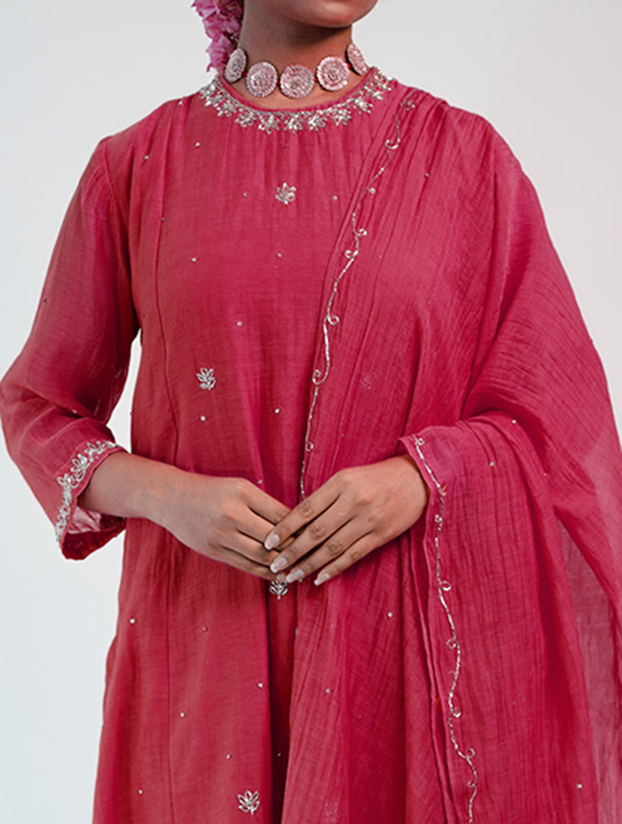 Women Pink Silk Hand Embroidery Round Neck Straight Kurta