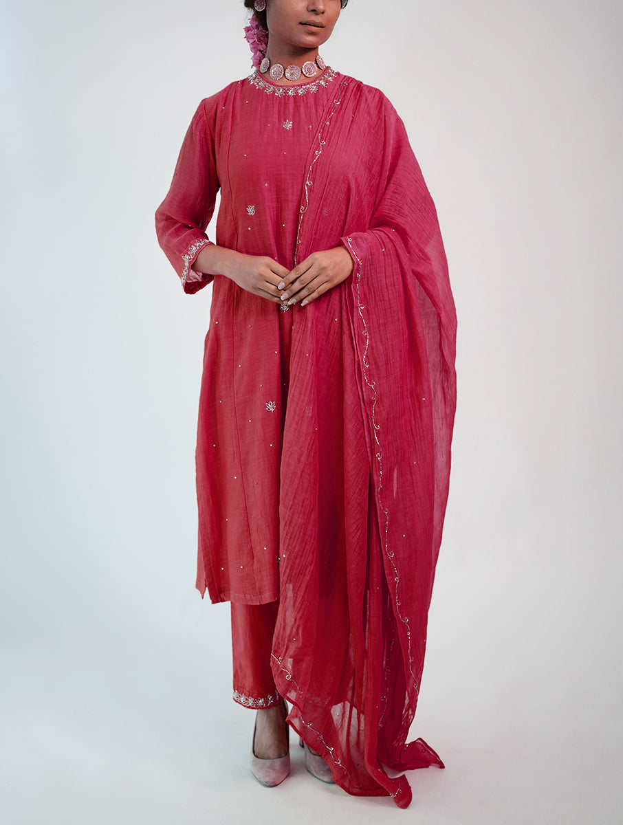 Women Pink Silk Hand Embroidery Round Neck Straight Kurta set