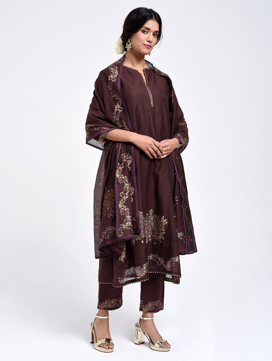 Gudhal Brown Cotton Silk A line Kurta, Pants & Dupatta