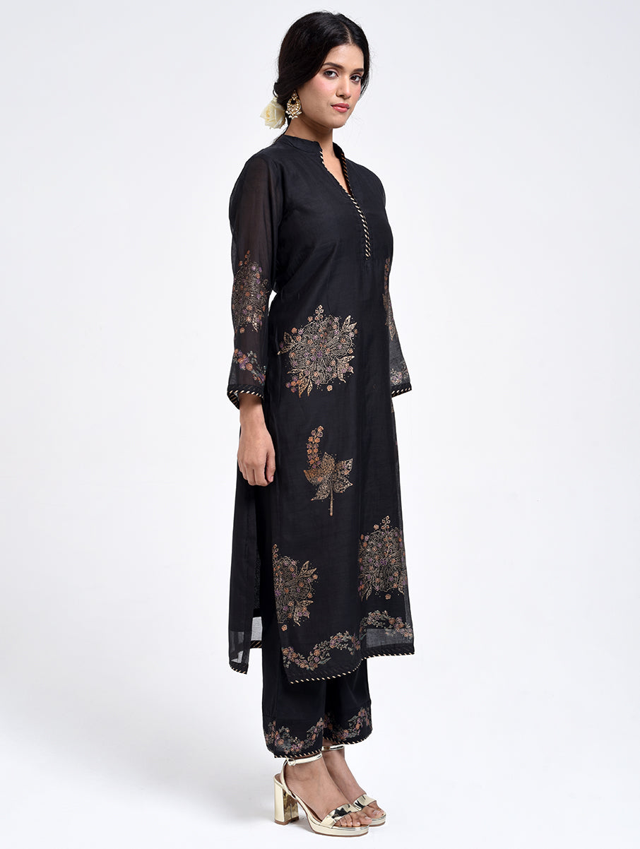 Gudhal Black Cotton Silk Collar  Kurta
