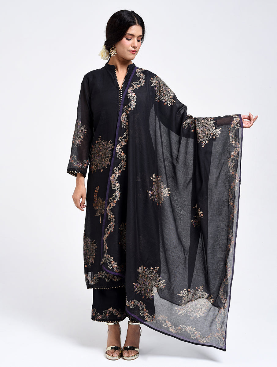 Gudhal Black Cotton Silk Collar  Kurta, Pants & Dupatta