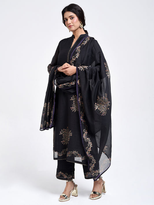 Gudhal Black Cotton Silk Collar  Kurta, Pants & Dupatta