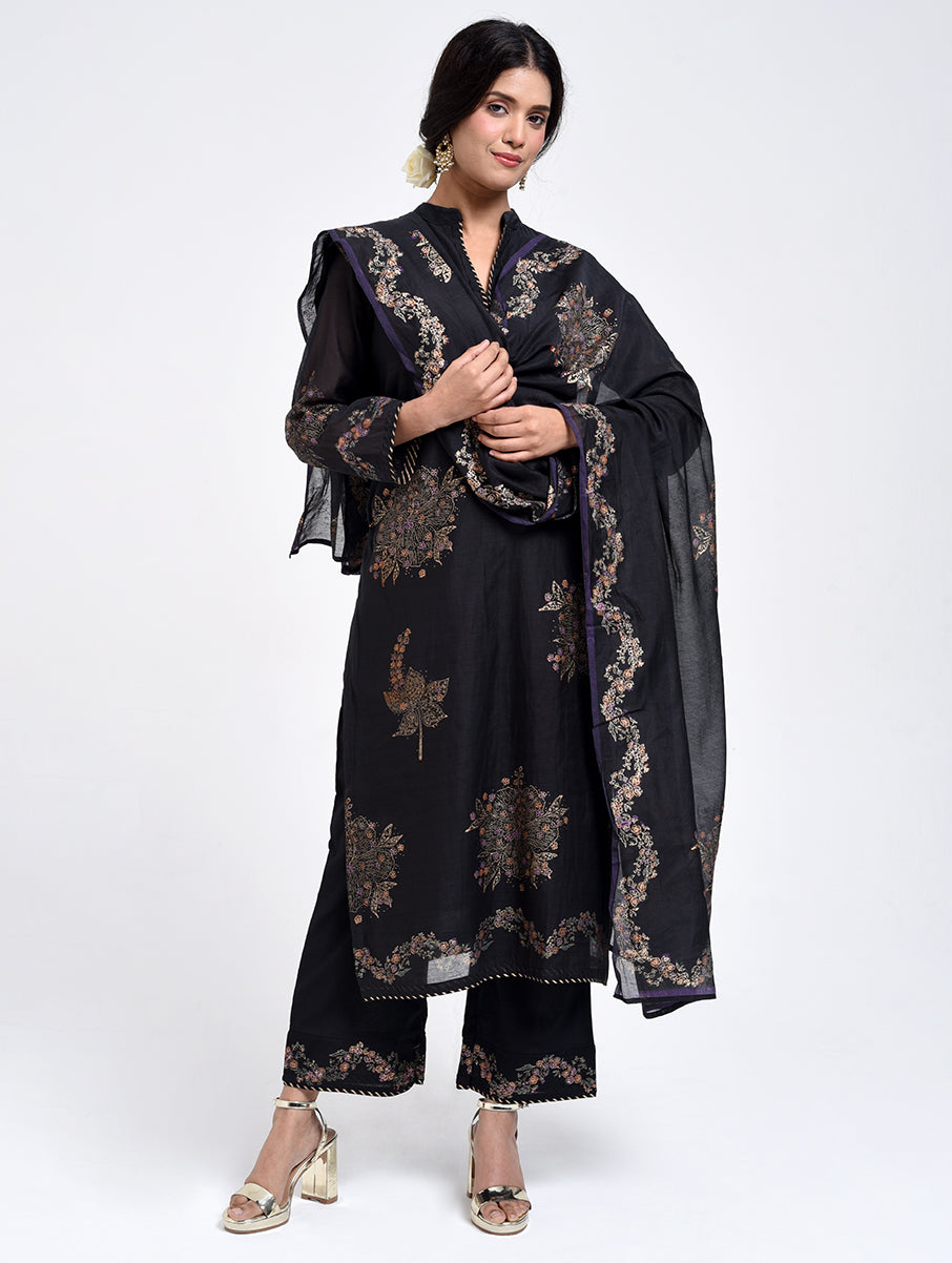 Gudhal Black Cotton Silk Collar  Kurta, Pants & Dupatta