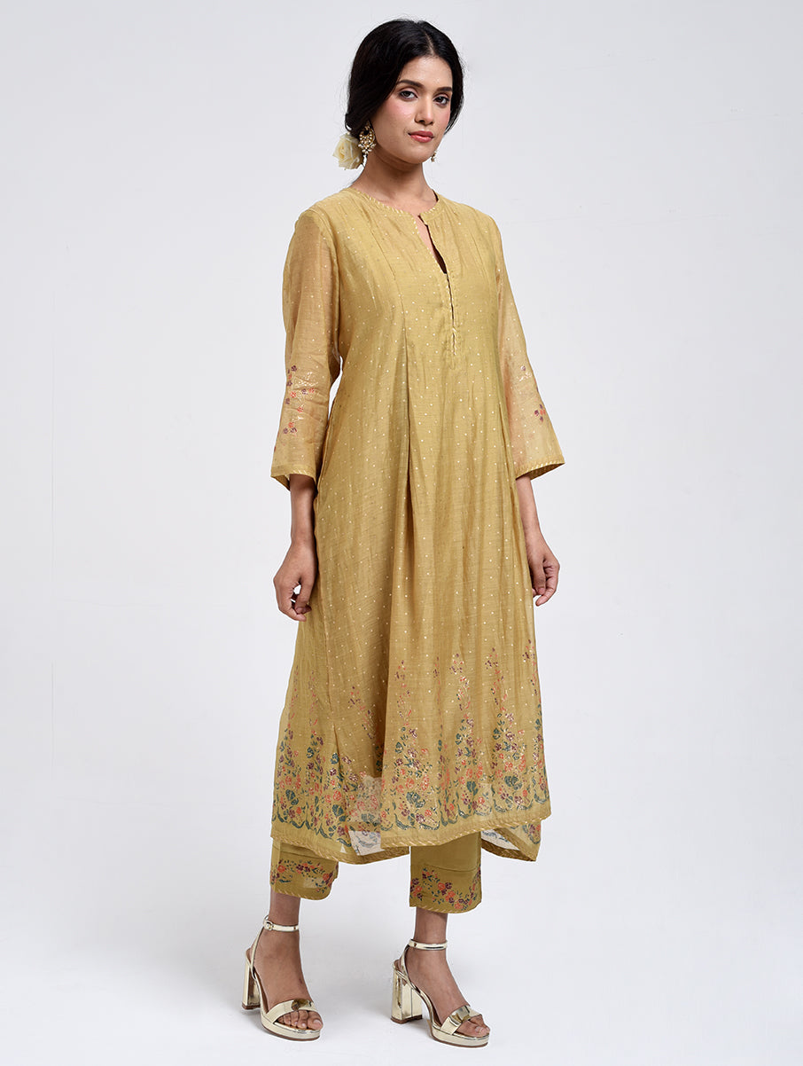 Gudhal Olive Green Cotton Silk Kurta