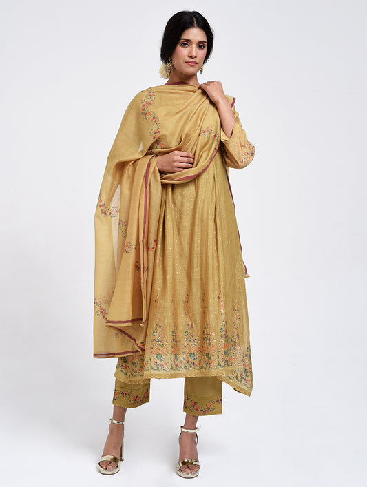 Gudhal Olive Green Cotton Silk Kurta, Pants & Dupatta