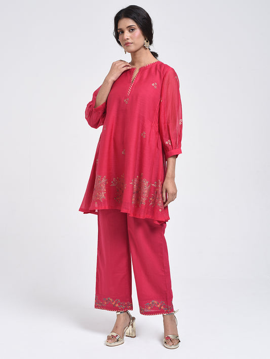 Gudhal Pink Cotton Silk Short  Kurta with Pants