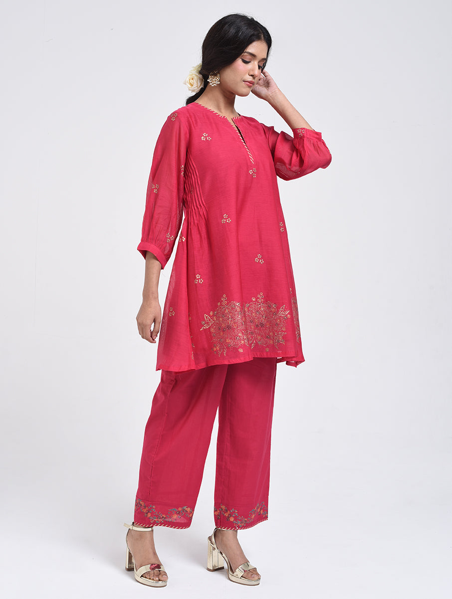 Gudhal Pink Cotton Silk Short  Kurta with Pants