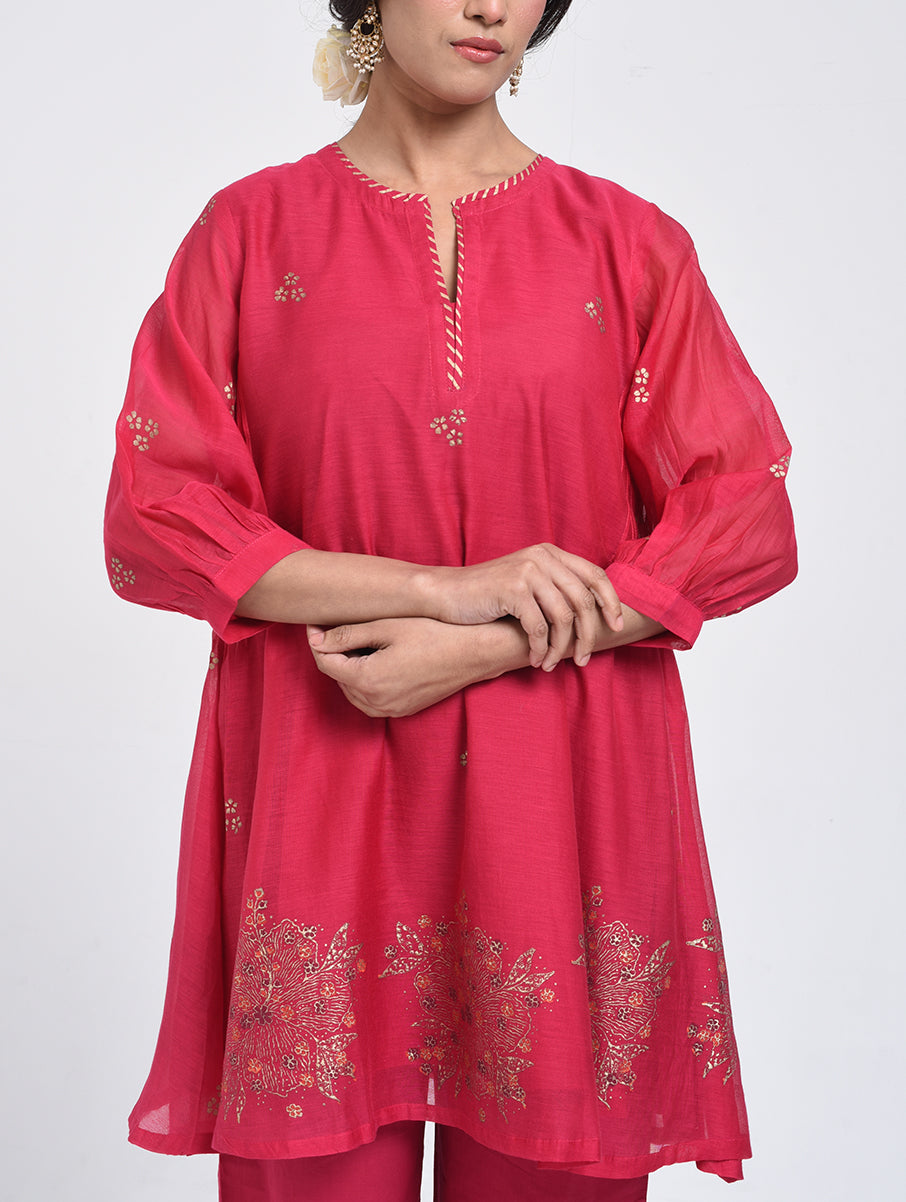 Gudhal Pink Cotton Silk Short  Kurta with Pants