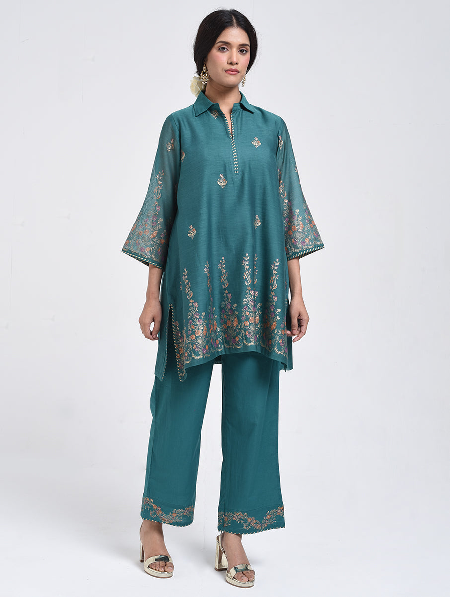 Gudhal Teal Cotton Silk A line Kurta with Pants