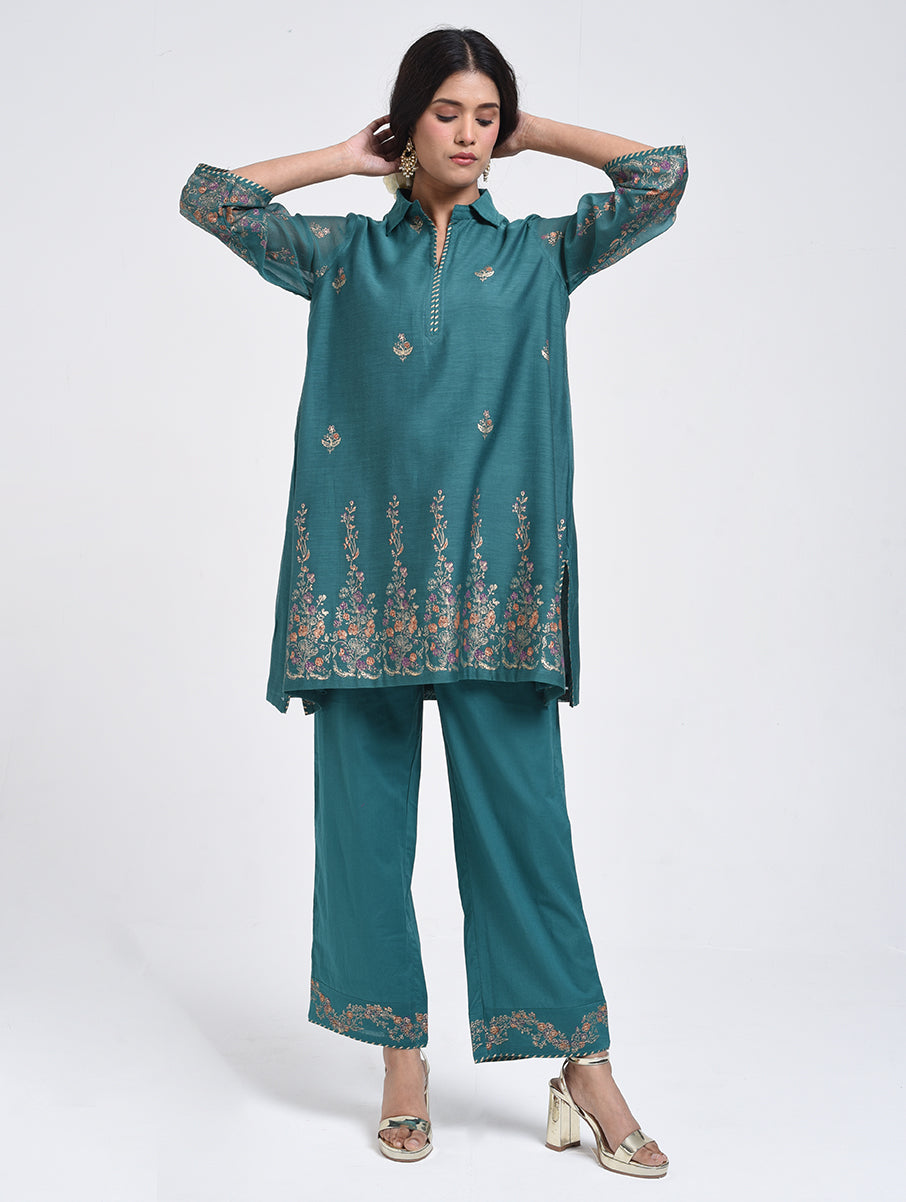 Gudhal Teal Cotton Silk A line Kurta with Pants
