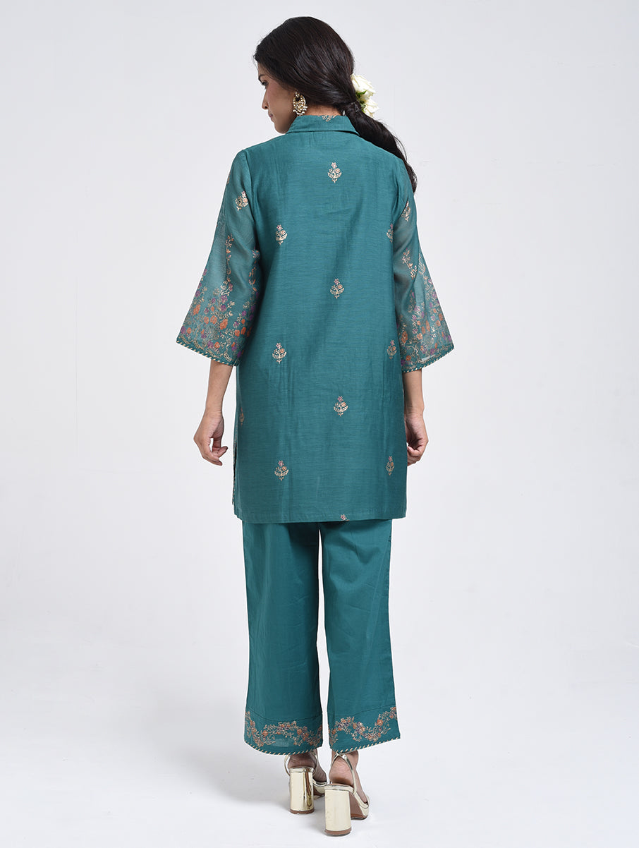 Gudhal Teal Cotton Silk A line Kurta with Pants