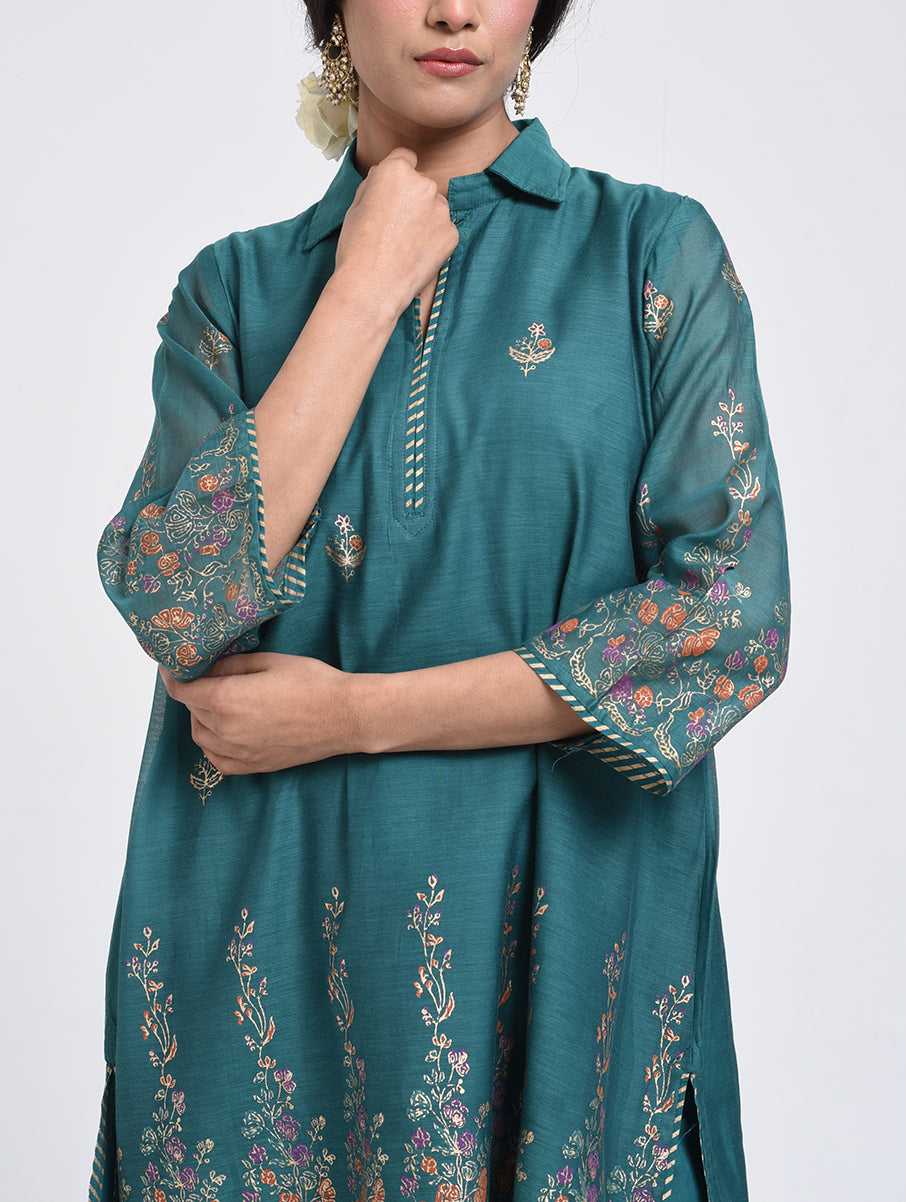Gudhal Teal Cotton Silk A line Kurta with Pants