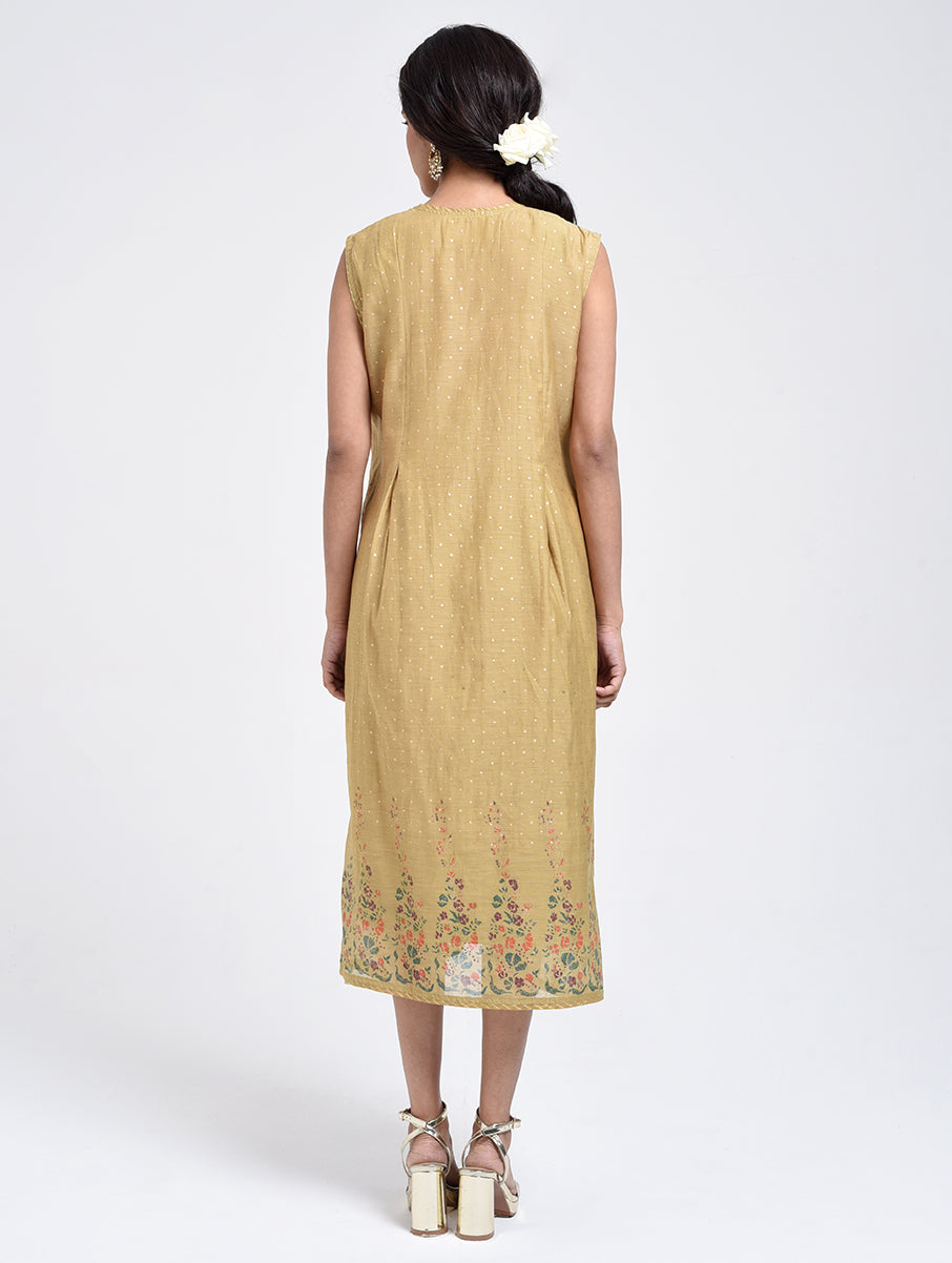 Gudhal Olive  Cotton Silk Box Pleat Dress