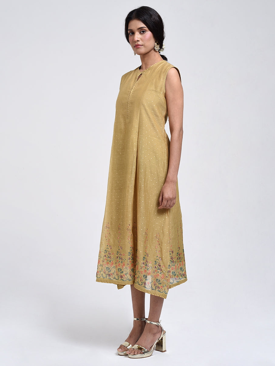 Gudhal Olive  Cotton Silk Box Pleat Dress