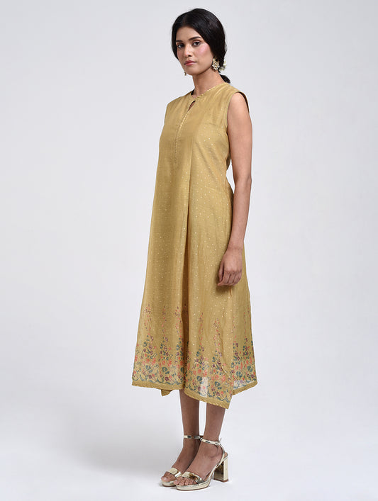 Gudhal Olive  Cotton Silk Box Pleat Dress