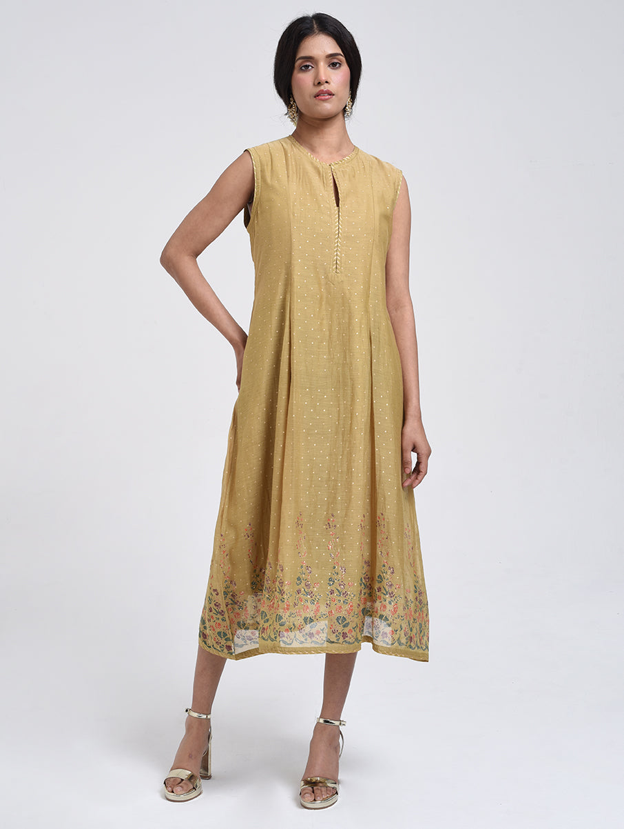 Gudhal Olive  Cotton Silk Box Pleat Dress