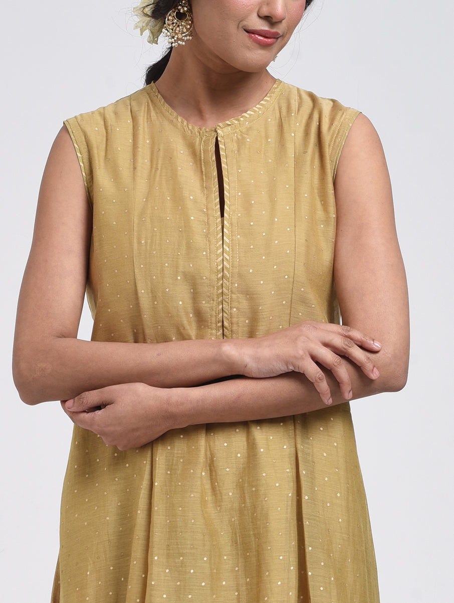 Gudhal Olive  Cotton Silk Box Pleat Dress