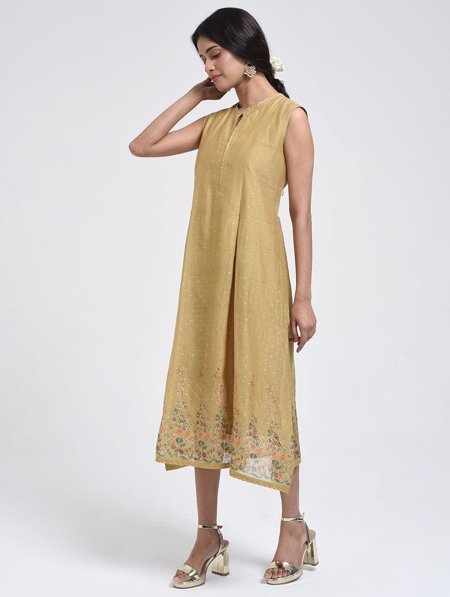 Gudhal Olive  Cotton Silk Box Pleat Dress