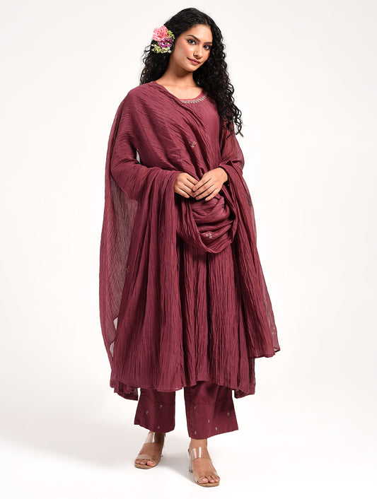Khushbu Wine Anarkali Kurta Pant Dupatta Set