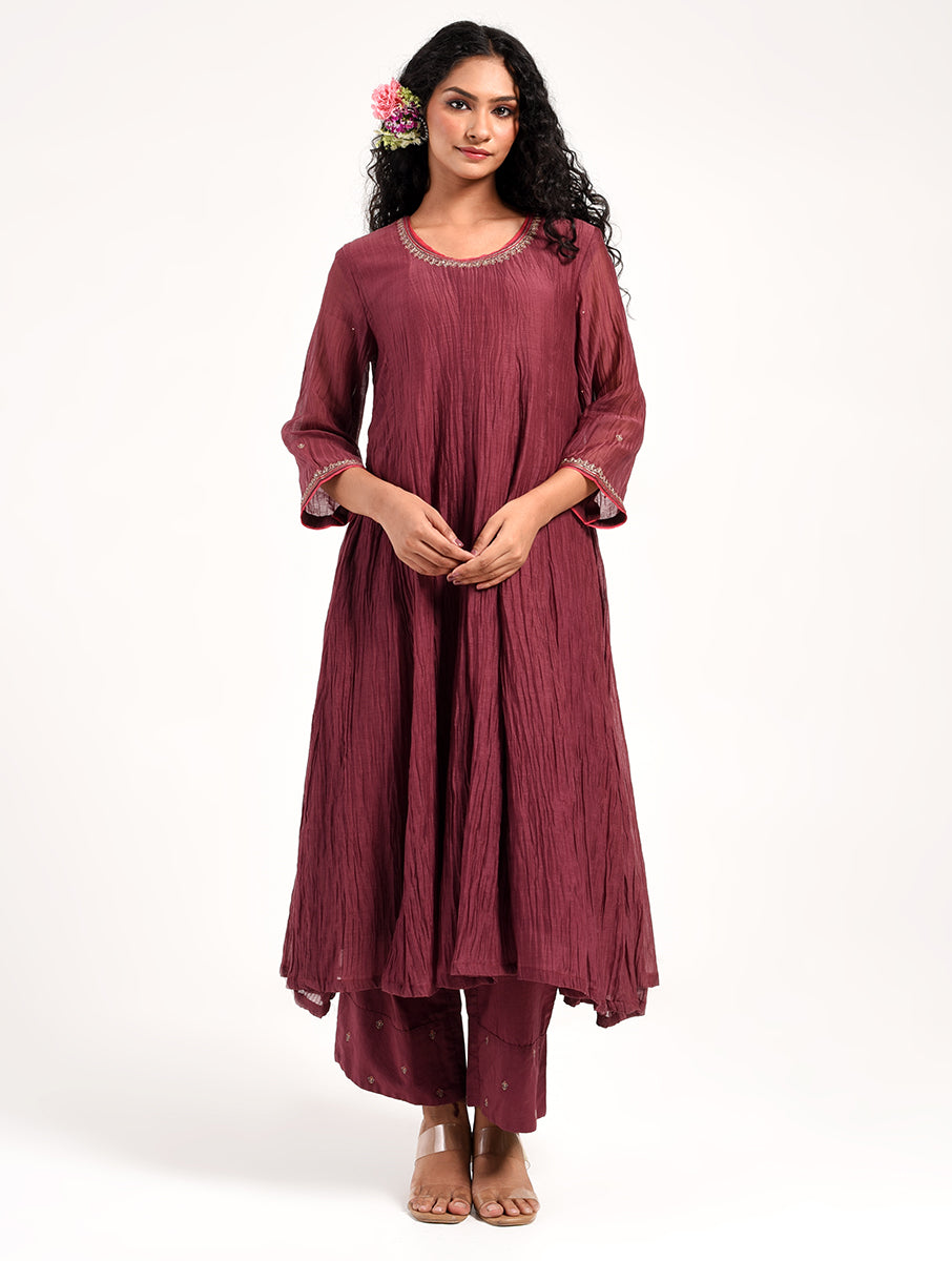 Khushbu Wine Anarkali Kurta Pant Dupatta Set
