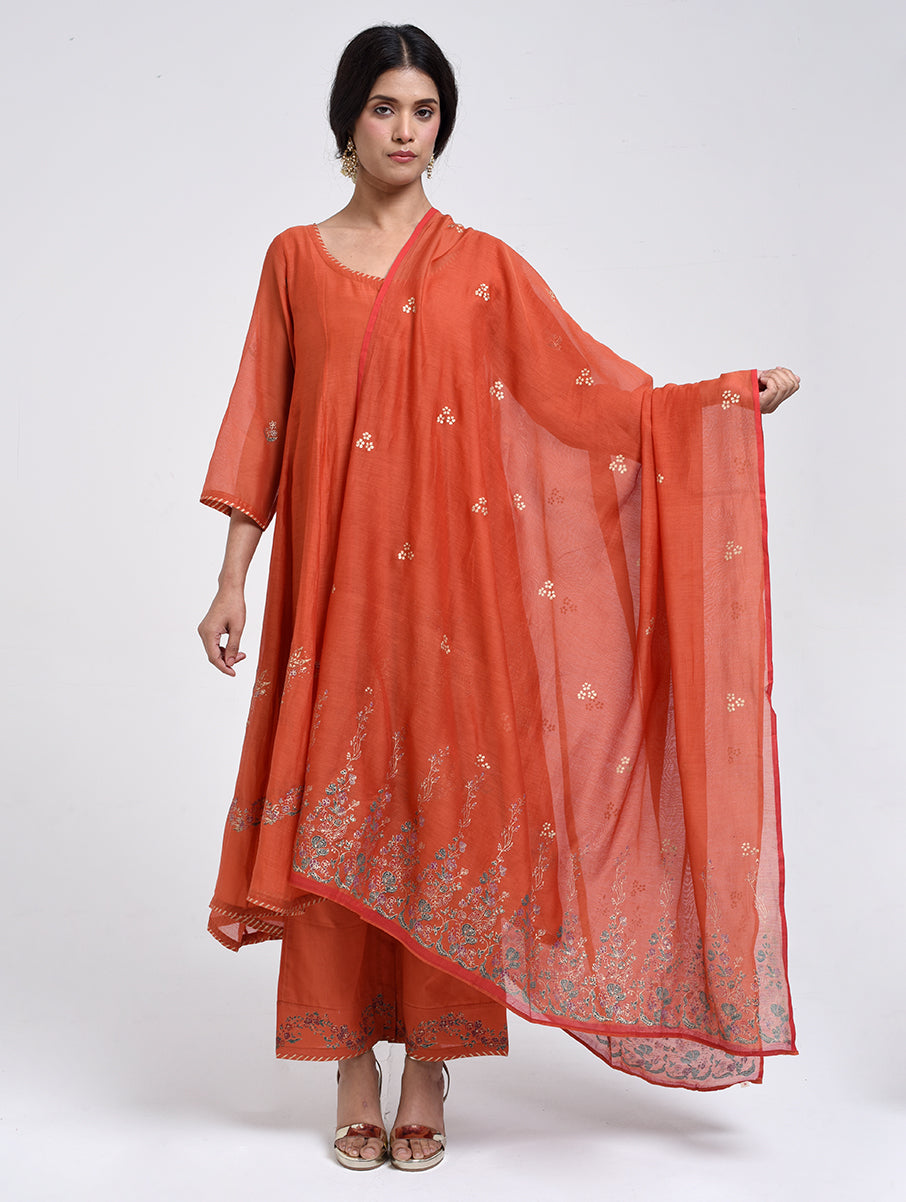 Gudhal Rust Cotton Silk Anarkali Kurta, Pants & Dupatta