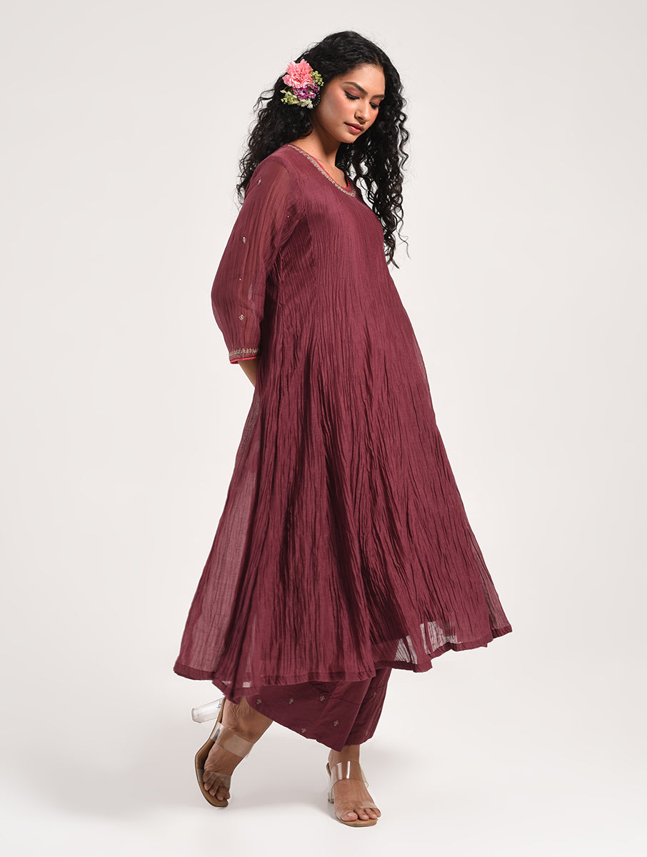 Khushbu Wine Anarkali Kurta Pant Dupatta Set
