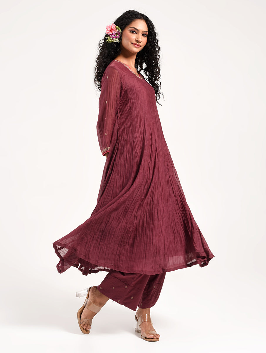 Khushbu Wine Anarkali Kurta Pant Dupatta Set
