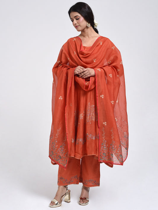Gudhal Rust Cotton Silk Anarkali Kurta, Pants & Dupatta