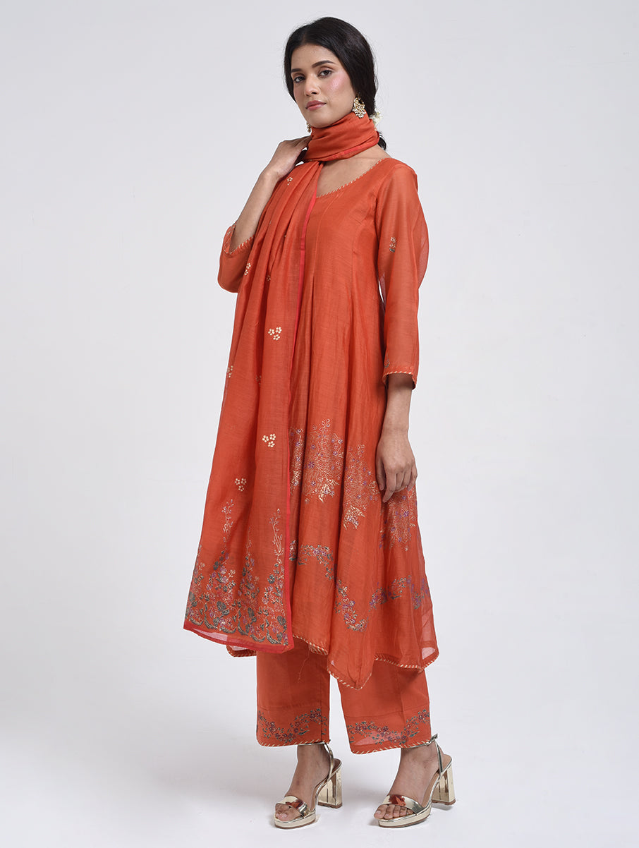 Gudhal Rust Cotton Silk Anarkali Kurta, Pants & Dupatta