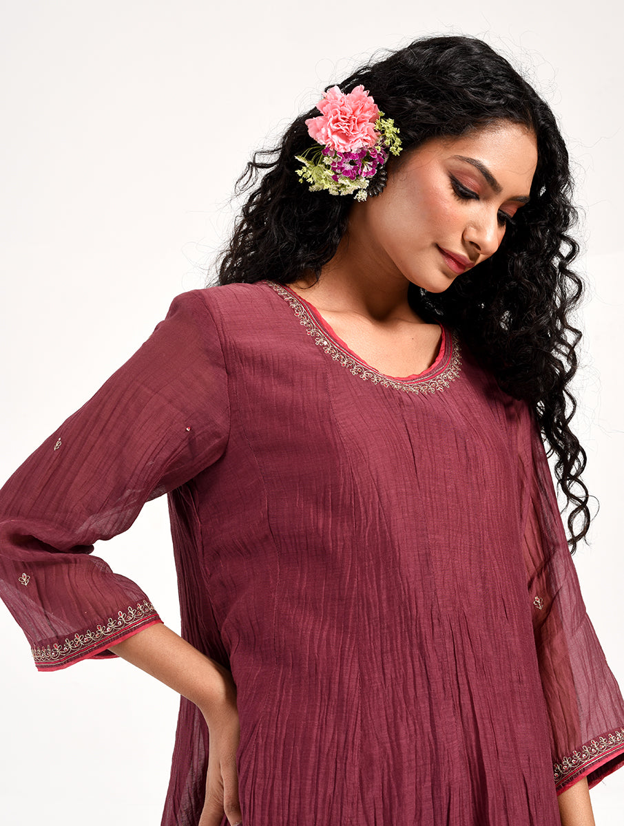 Khushbu Wine Anarkali Kurta Pant Dupatta Set