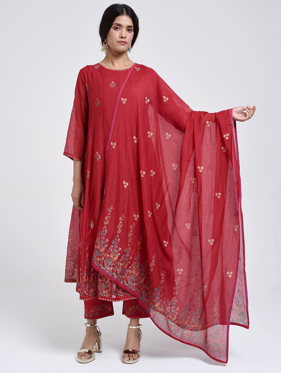 Gudhal Red Cotton Silk Kurta, Pants & Dupatta