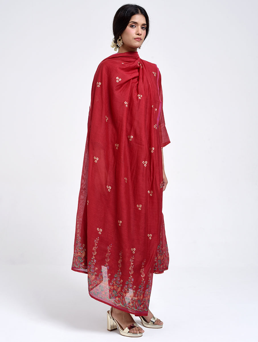 Gudhal Red Cotton Silk Kurta, Pants & Dupatta