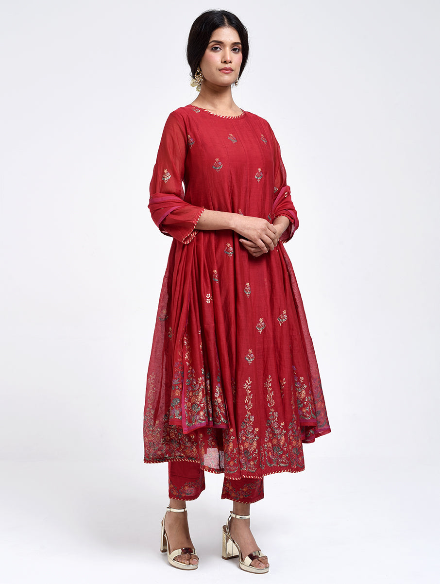 Gudhal Red Cotton Silk Kurta, Pants & Dupatta