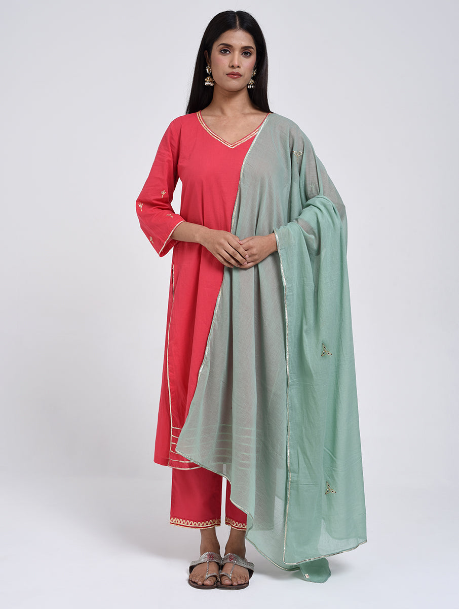 Chamki  Pink Cotton Gota Patti Kurta, Pants & Dupatta Set