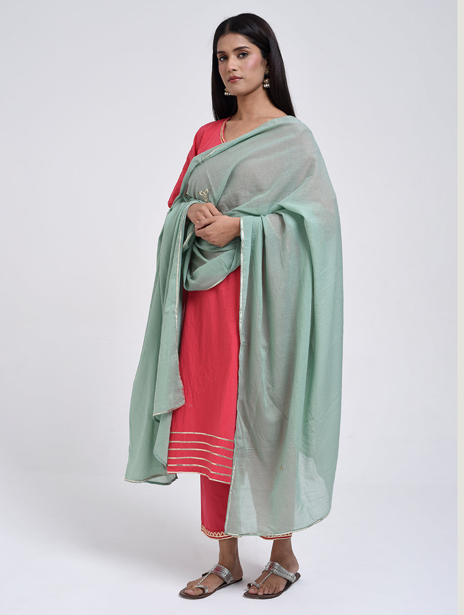 Chamki  Pink Cotton Gota Patti Kurta, Pants & Dupatta Set